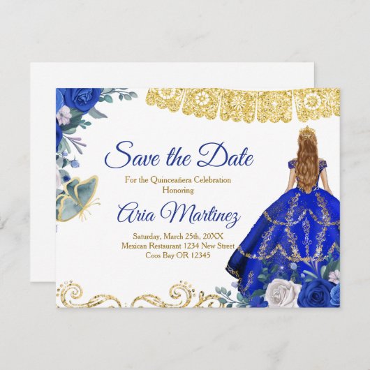Blond Quinceañera 15 Anos Blauw Save the Date Bedankkaart (Voorkant / Achterkant)