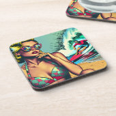 blond retro vrouw en surfer man bier onderzetter (Linkerzijde)