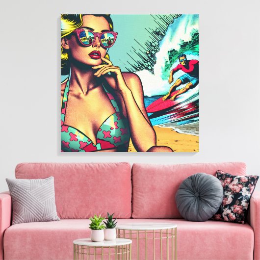 blond retro vrouw en surfer man canvas afdruk (Insitu (Woonkamer))