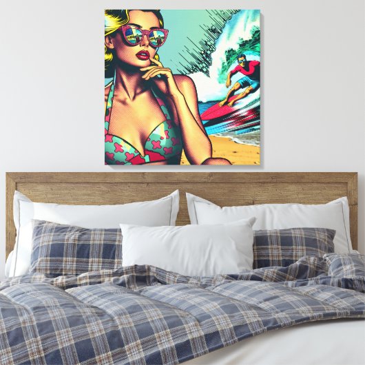 blond retro vrouw en surfer man canvas afdruk (Insitu (Slaapkamer))