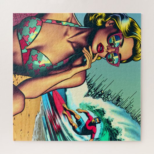 blond retro vrouw en surfer man legpuzzel (Horizontaal)