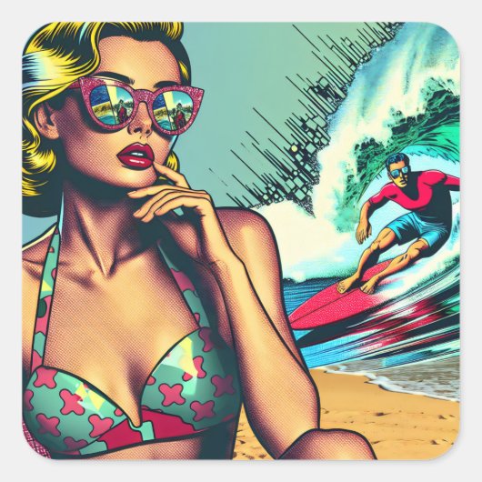 blond retro vrouw en surfer man vierkante sticker (Voorkant)