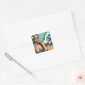 blond retro vrouw en surfer man vierkante sticker (Envelop)