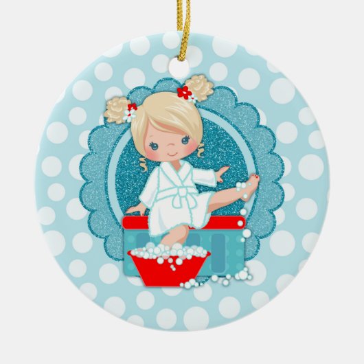 Blond Spa Meisje Bubbles Turquoise Rood Wit Keramisch Ornament (Voorkant)