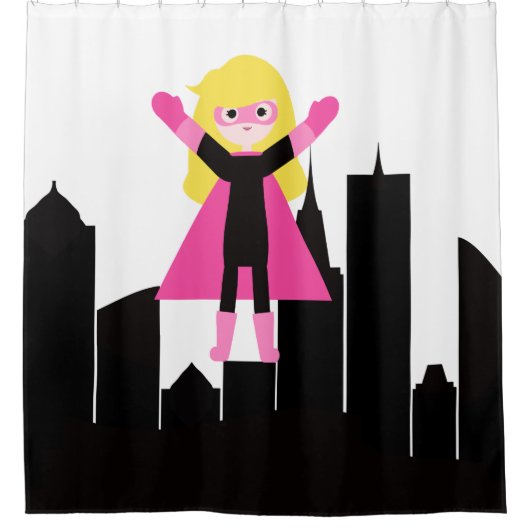 Blond Super Girl Hero City Skyscrapers Douchegordijn (Voorkant)