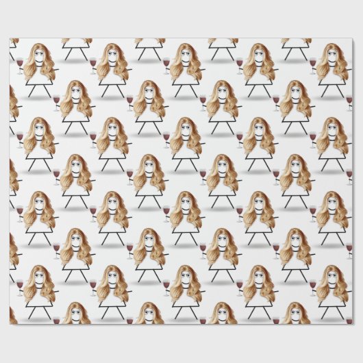 Blond tekenmeisje met rode wijn cadeaupapier (Vlak)