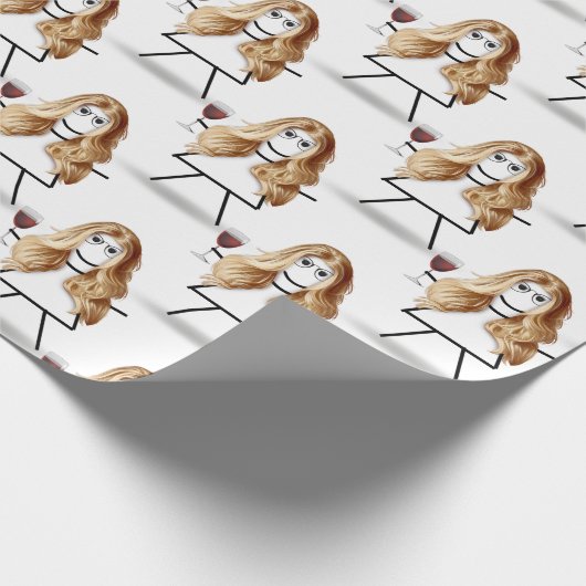 Blond tekenmeisje met rode wijn cadeaupapier (Hoek)