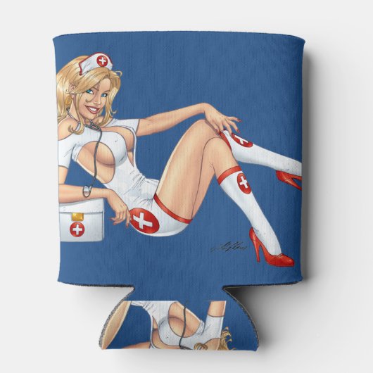 Blond verpleegster in uniform trekken kousen blikjeskoeler (Achterkant)