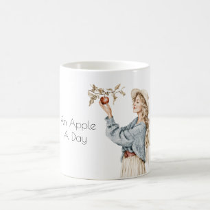 Blond Vrouw Blauw Trui Appel Per Dag Koffiemok