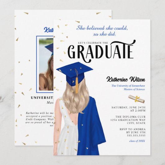 Blond Vrouw Blauw Ze geloofde Afstuderen Kaart (Voorkant / Achterkant)