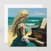 Blond vrouw die piano speelt op het strand bedankkaart (Voorkant / Achterkant)
