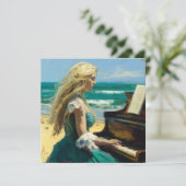 Blond vrouw die piano speelt op het strand bedankkaart (Staand voorkant)