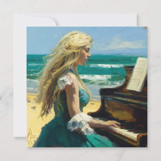 Blond vrouw die piano speelt op het strand bedankkaart (Voorkant)