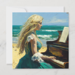 Blond vrouw die piano speelt op het strand bedankkaart
