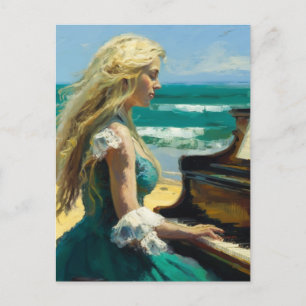 Blond vrouw die piano speelt op het strand briefkaart