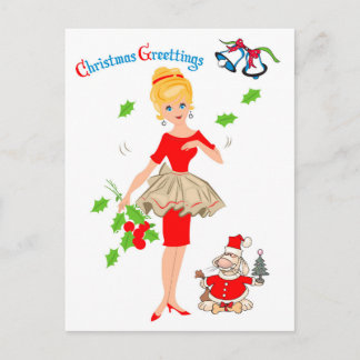 Blond vrouw in Red Dress en Santa Dog, vakantie Briefkaart