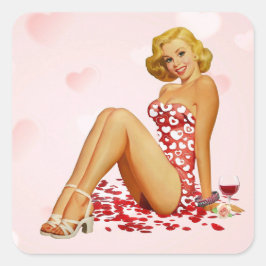  Blond vrouw in Rode Dress met harten Vierkante Sticker