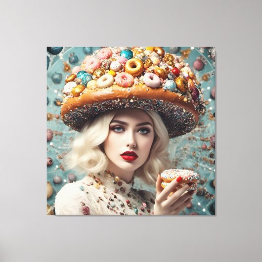 Blond vrouw op planeet donuts fantasie canvas afdruk (Voorkant)