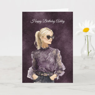 Blond Vrouw Zonnebril Paarse Blouse Verjaardag Kaart