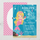 Blond Zeemeermin 4E Verjaardag Uitnodiging (Voorkant / Achterkant)