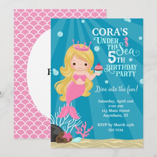 Blond Zeemeermin 5E Verjaardag Uitnodiging (Voorkant / Achterkant)