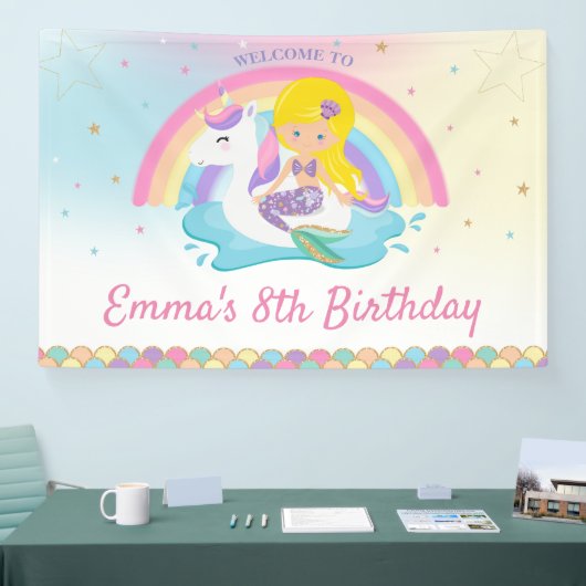 Blond Zeemeermin Eenhoorn Zwembad Verjaardag Welko Spandoek (Beurs)