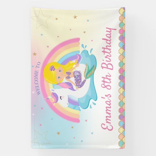 Blond Zeemeermin Eenhoorn Zwembad Verjaardag Welko Spandoek (Verticaal)