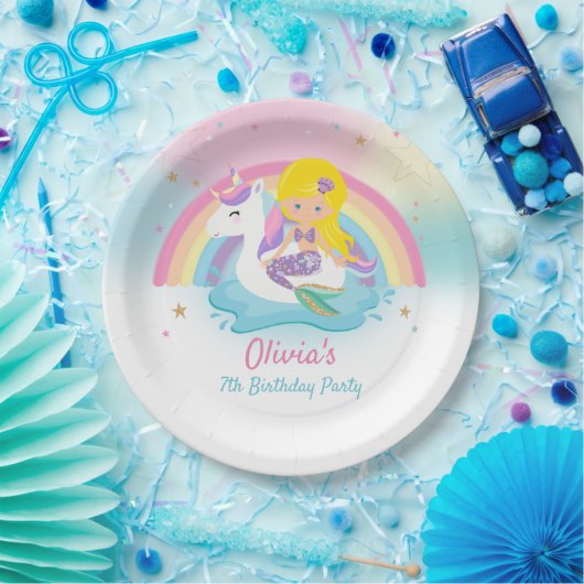 Blond Zeemeermin en Eenhoorn Zwembad Verjaardagsfe Papieren Bordje (Feest)