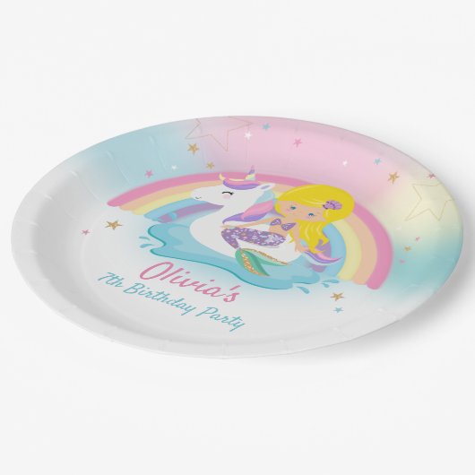 Blond Zeemeermin en Eenhoorn Zwembad Verjaardagsfe Papieren Bordje (Gekanteld)