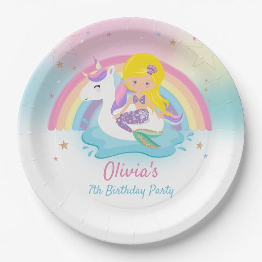 Blond Zeemeermin en Eenhoorn Zwembad Verjaardagsfe Papieren Bordje (Voorkant)