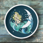 Blond Zeemeermin Maan Fantasy Art Deco<br><div class="desc">Een blonde zeemeermin met haar op een halve maan met een blauwgroen gekleurde staart met water,  waterbellen en stenen rondom. Alle getekend in een art deco stijl.</div>