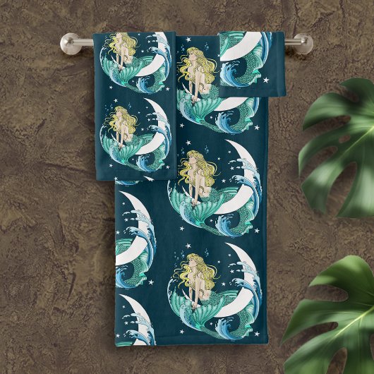 Blond Zeemeermin Maan Fantasy Art Deco Bad Handdoek