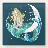 Blond Zeemeermin Maan Fantasy Art Deco Glazen Onderzetter (Voorkant)