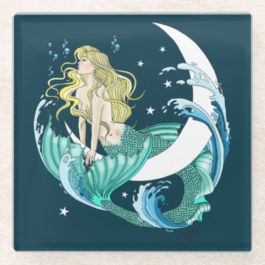 Blond Zeemeermin Maan Fantasy Art Deco Glazen Onderzetter (Voorkant)