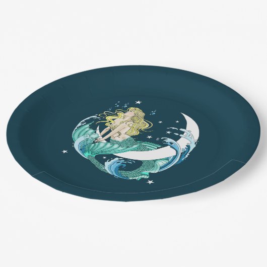 Blond Zeemeermin Maan Fantasy Art Deco Papieren Bordje (Gekanteld)