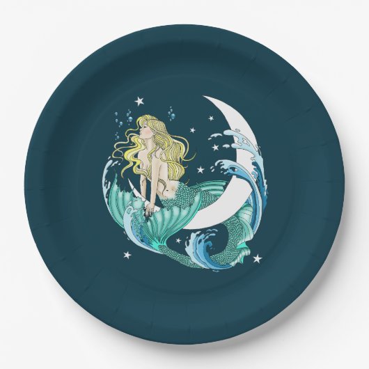 Blond Zeemeermin Maan Fantasy Art Deco Papieren Bordje (Voorkant)