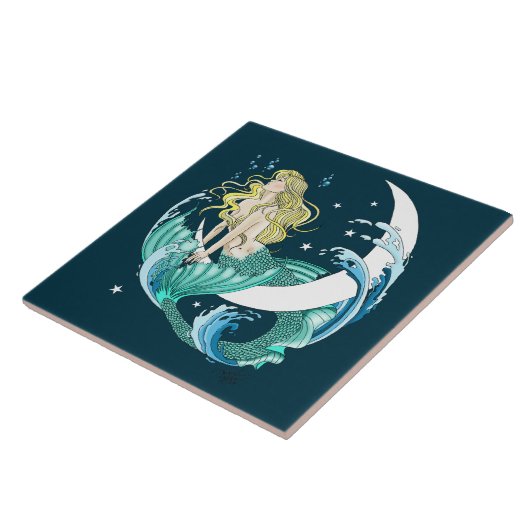 Blond Zeemeermin Maan Fantasy Art Deco Tegeltje (Zijkant)