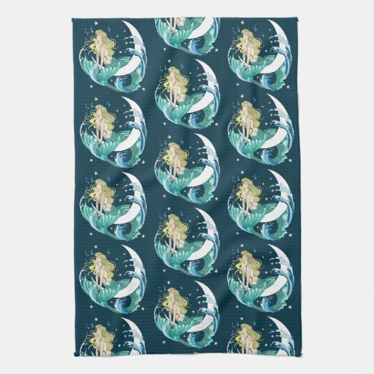 Blond Zeemeermin Maan Fantasy Art Deco Theedoek (Verticaal)