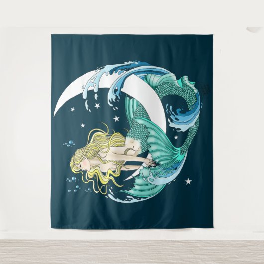 Blond Zeemeermin Maan Fantasy Art Deco Wandkleed (Voorkant)