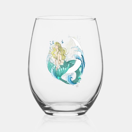 Blond Zeemeermin Maan Fantasy Art Deco Wijnglas Zonder Voet (Voorkant)