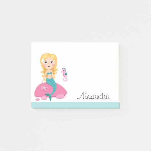 Blond zeemeermin met gepersonaliseerde zeepaardnaa post-it® notes (Voorkant)