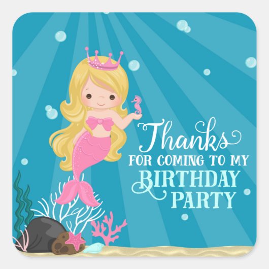 Blond Zeemeermin Verjaardag Vierkante Sticker (Voorkant)