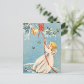 Blonde Angel die een gouden Bell Red Bow Briefkaart (Staand voorkant)