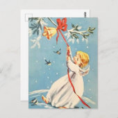 Blonde Angel die een gouden Bell Red Bow Briefkaart (Voorkant / Achterkant)