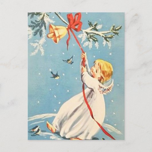 Blonde Angel die een gouden Bell Red Bow Briefkaart (Voorkant)
