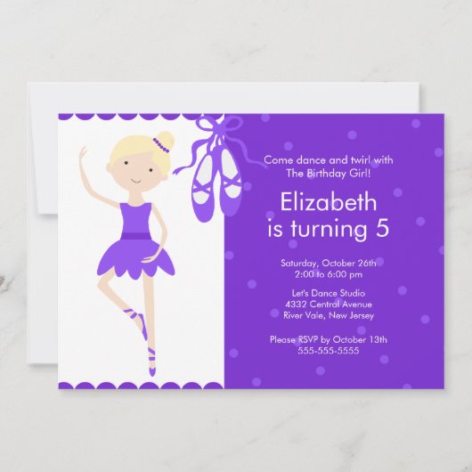 Blonde Ballerina Dance Birthday Invitation Paars Kaart (Voorkant)