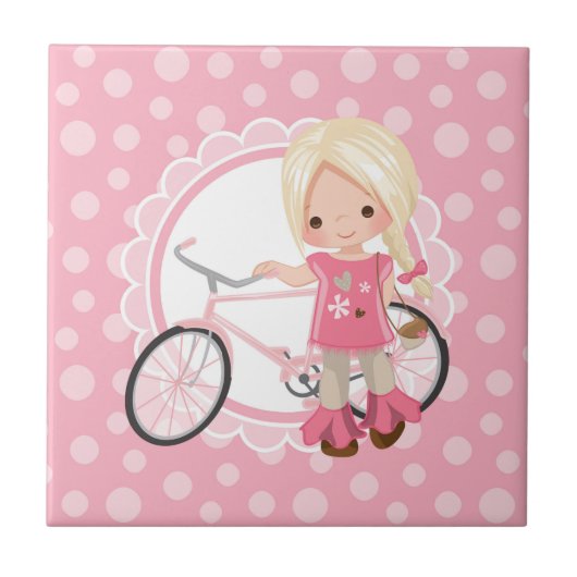 Blonde Bicycle Girl - Roze wit Tegeltje (Voorkant)