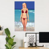 Blonde Bikini Beach Babe Poster (Thuiskantoor)