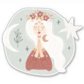 Blonde boho vrouw kroon op bloemen maanstok sticker (Voorkant)
