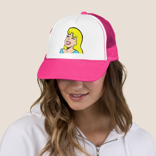 Blonde Bombshell Comic Strip Trucker Hat Pet (In situ)
